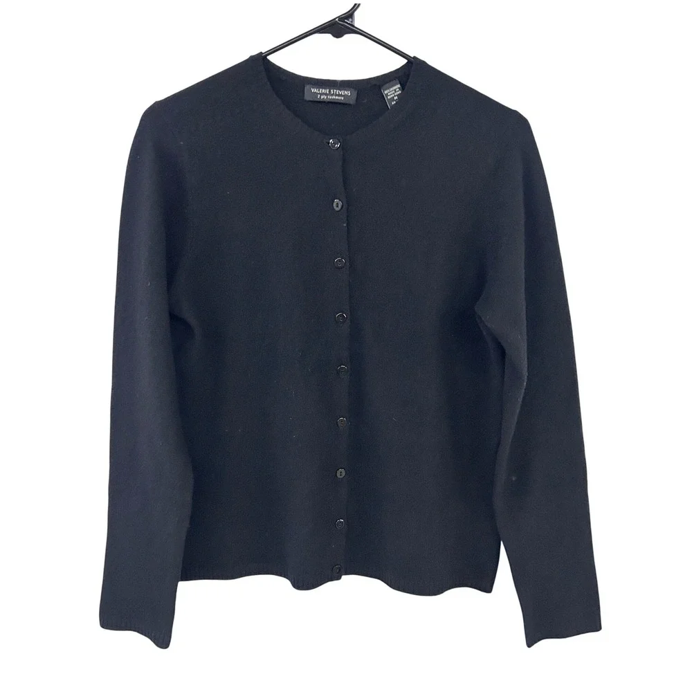 100% Cashmere 2 Ply Cardigan M Black Button Front Quiet Luxury Valerie Stevens